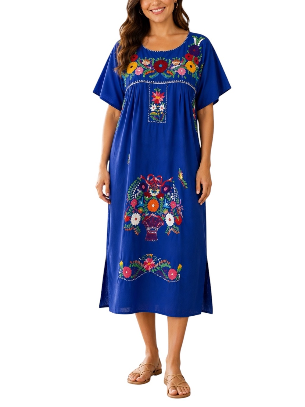 Unik Mexican Embroidered Caftan Dress Size 2X Floral Boho Blue Midi Cotton